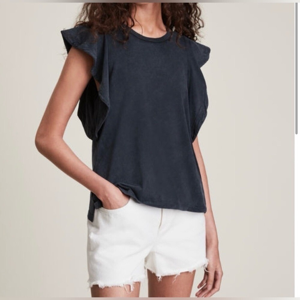 ALLSAINTS Lara Ruffle Cami‎ Tee in Acid Washed Black Sz 0 US 32 EU
